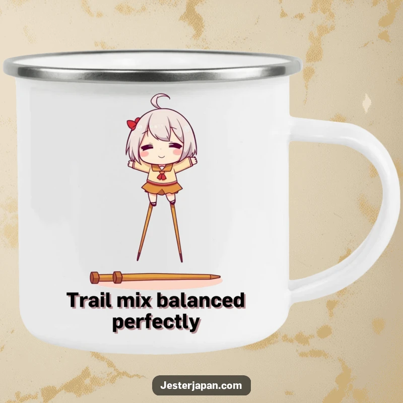 Funny camping mug showing a character balancing on chopstick stilts, ideal for enjoying meals in the great outdoors.