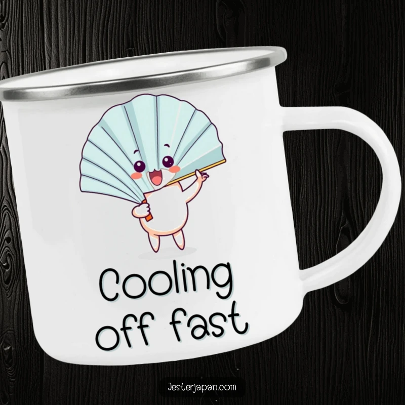 Funny Fan Camping Mug: Durable mug with a fan character unfurling to reveal a surprised face, great for outdoor charm.