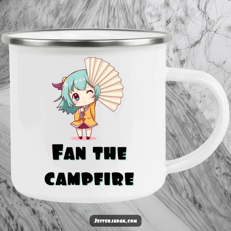 Funny Giant Fan Camping Mug: Durable mug with a small character dramatically creating wind with a giant fan, perfect for outdoor drinks with flair.