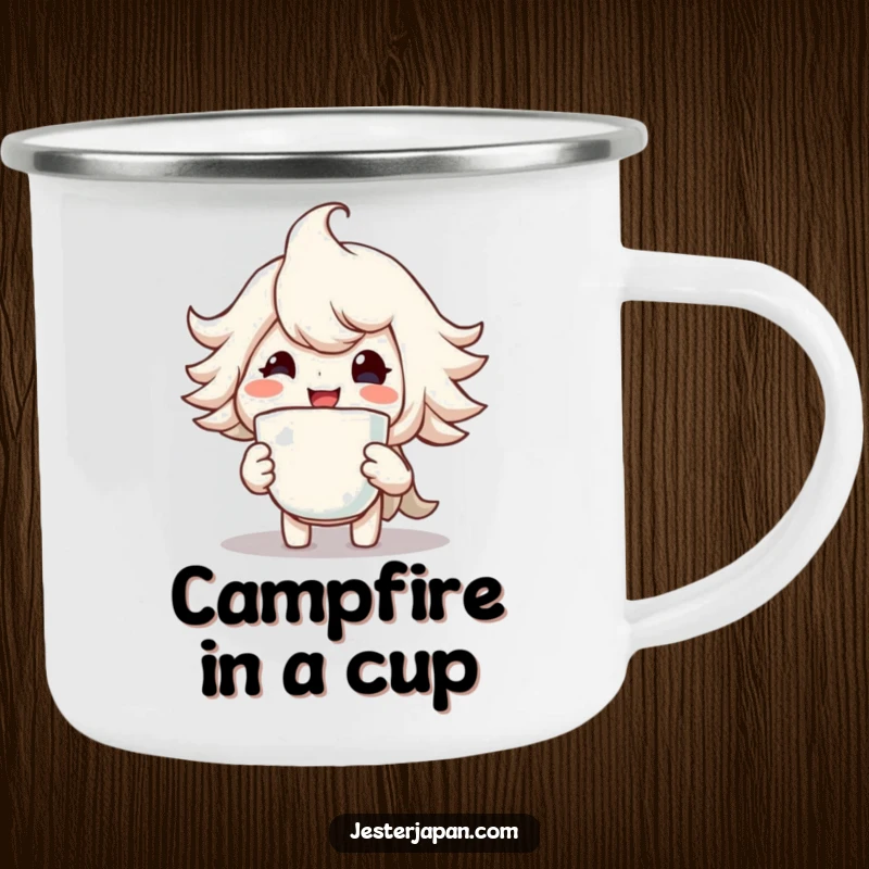 Funny camping mug showing a character with a huge smile holding a steaming cup, perfect for enjoying beverages outdoors.