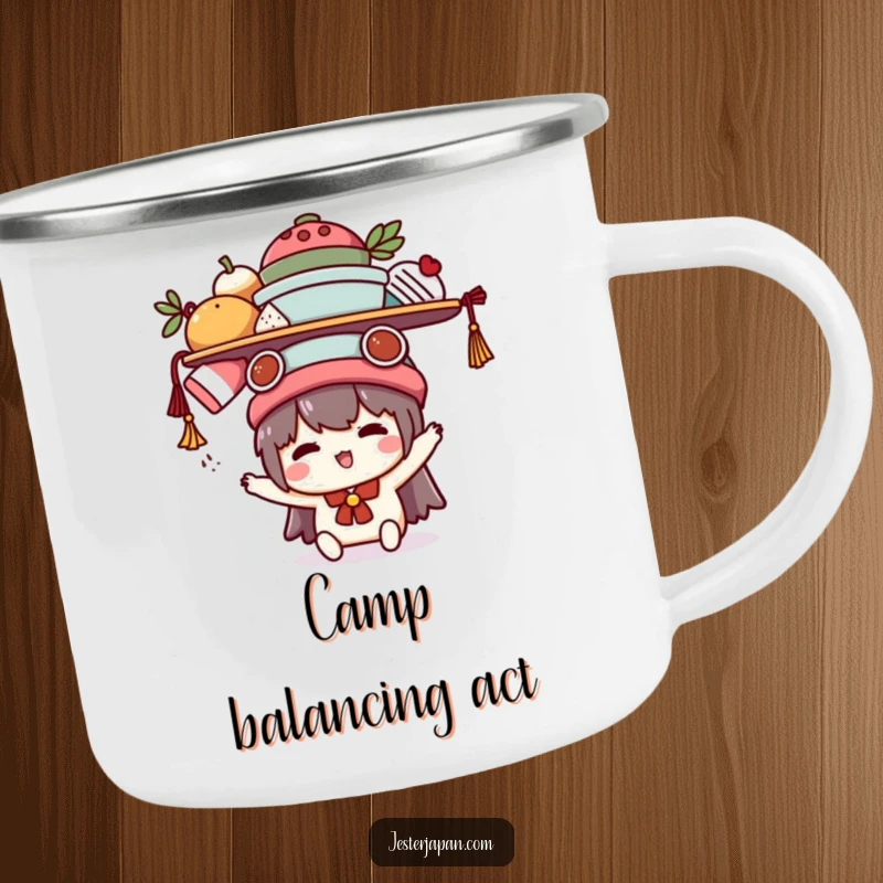 Funny Kawaii camping mug with a cute character humorously balancing items, perfect for outdoor adventures and relatable comedy.
