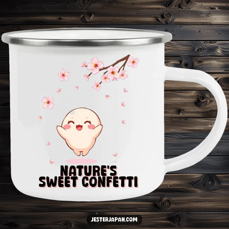 Funny Kawaii camping mug with a small, round character joyfully catching falling cherry blossoms, perfect for appreciating nature with humor.