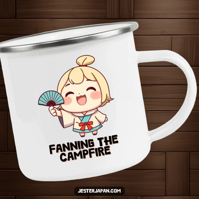 Funny Kawaii Camping Mug: Grinning character waving a Japanese fan, embodying cheer for outdoor fun. Ideal funny gift.