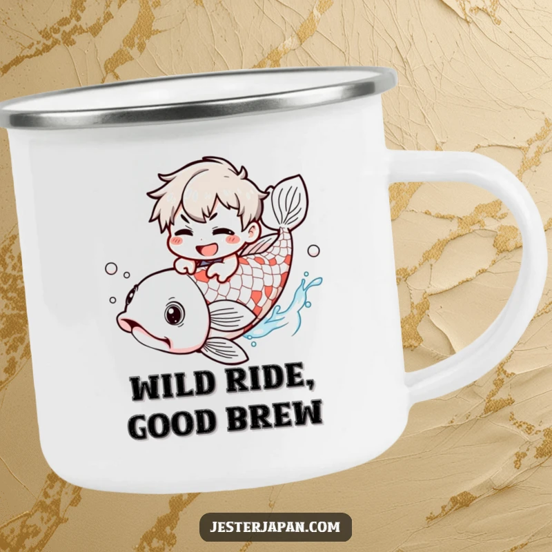 Funny Camping Mug: Kawaii character with a mischievous grin riding a giant koi fish, perfect for adventurous sipping.