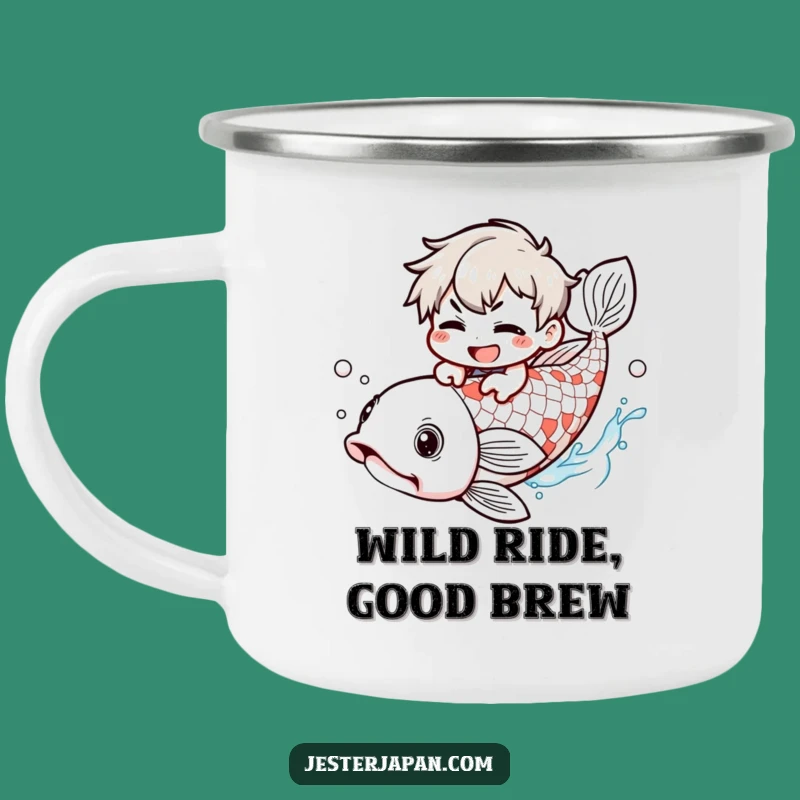 Funny Kawaii Koi Rider Camping Mug: Mischievous Character, Outdoor Humor Gift