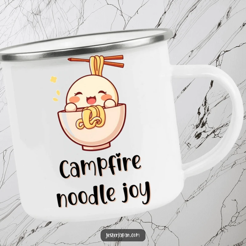 Funny Kawaii camping mug with a small, round character joyfully slurping noodles, designed for outdoor enjoyment and humorous foodie appreciation.