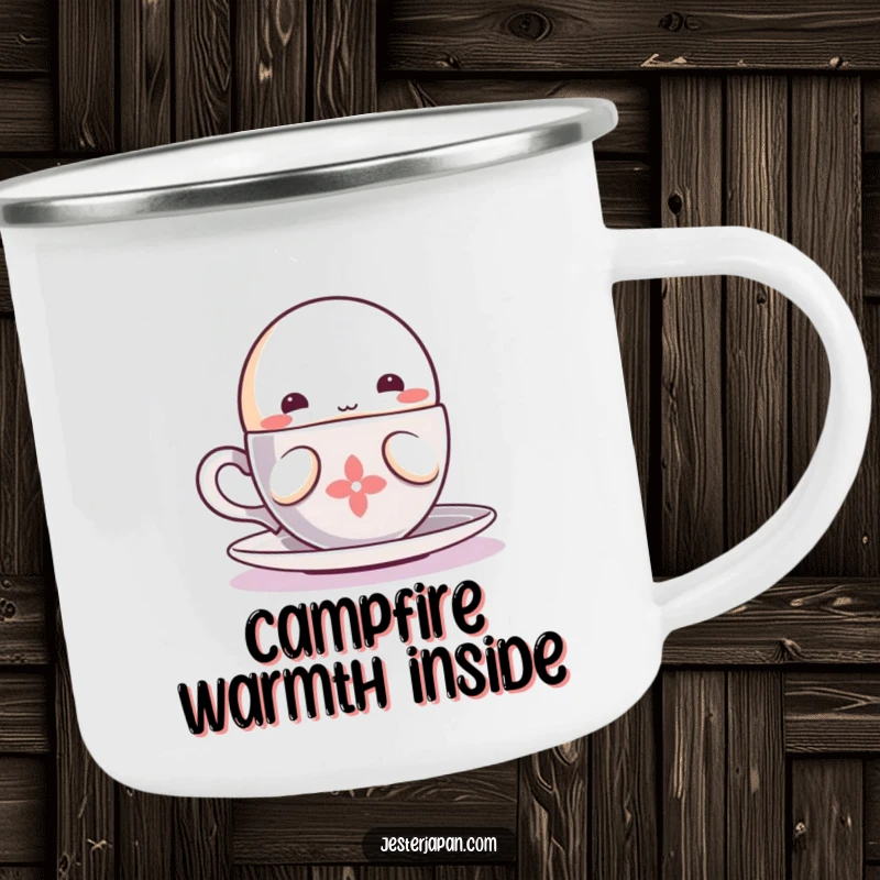 Funny Kawaii character sipping camping mug, showing enjoyment of a steaming cup for cozy outdoor moments.