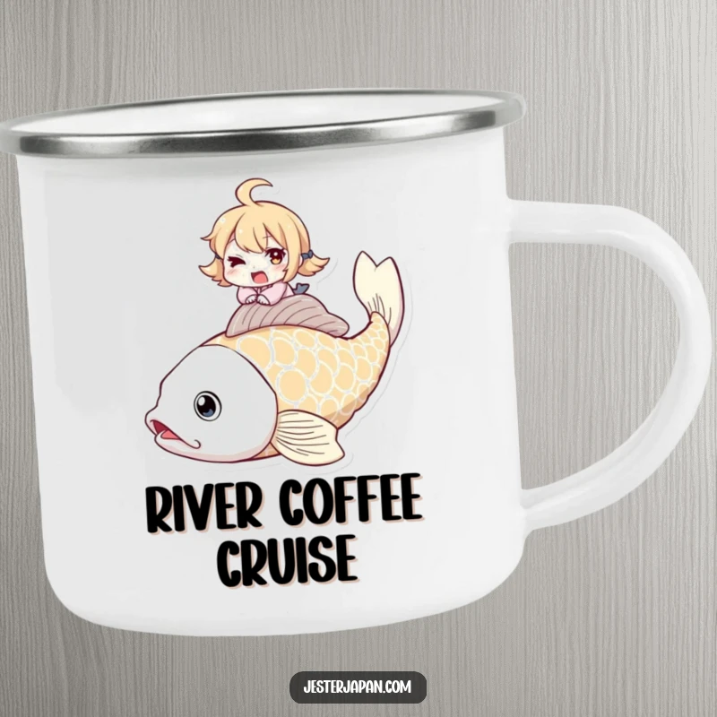 Funny camping mug featuring a winking character joyfully riding a giant koi fish, built for outdoor fun.