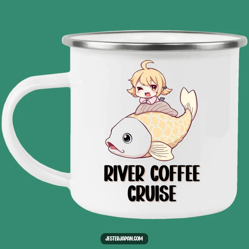 Funny Koi Fish Rider Camping Mug: Adventure Ready, Winking Character, Outdoor Gift