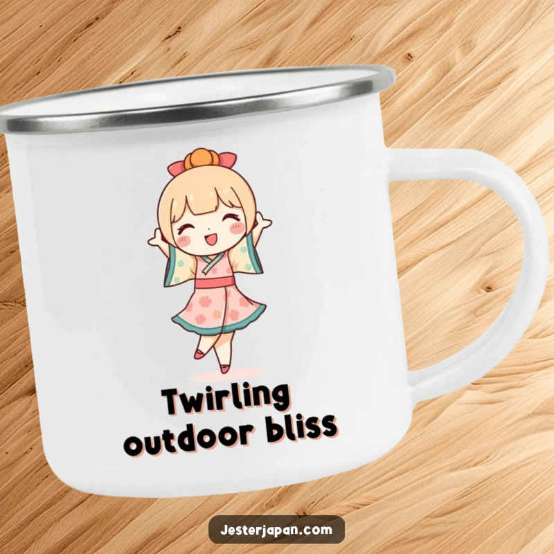 Funny Kokeshi Doll Camping Mug: Durable mug with a cute Kokeshi doll performing a joyful pirouette, perfect for outdoor charm.