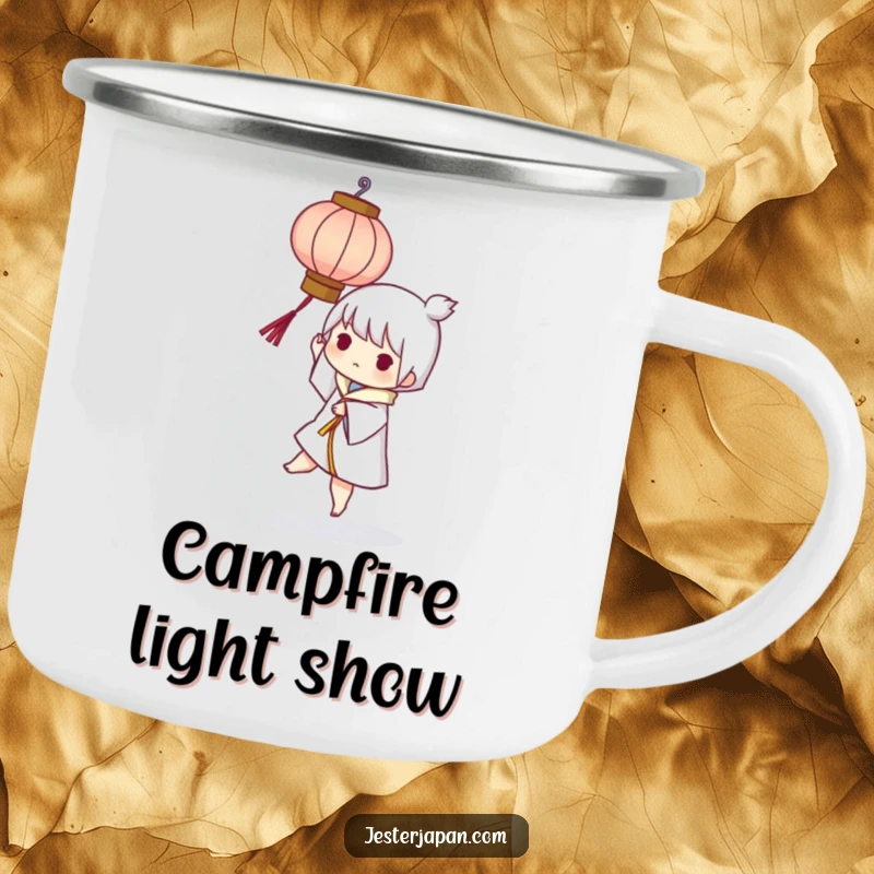 Funny camping mug with a character playfully balancing a small, stylized paper lantern, perfect for illuminated outdoor moments.