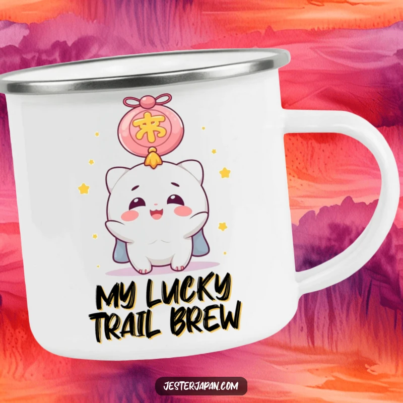Funny Camping Mug showcasing a delighted character gazing at a massive lucky charm, ideal for campers seeking good fortune and a cheerful start to the day.