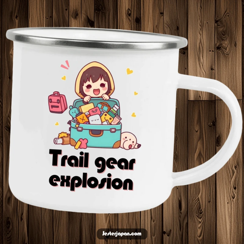 Funny Kawaii character packing camping mug, with items spilling from a suitcase, ideal for travel humor outdoors.