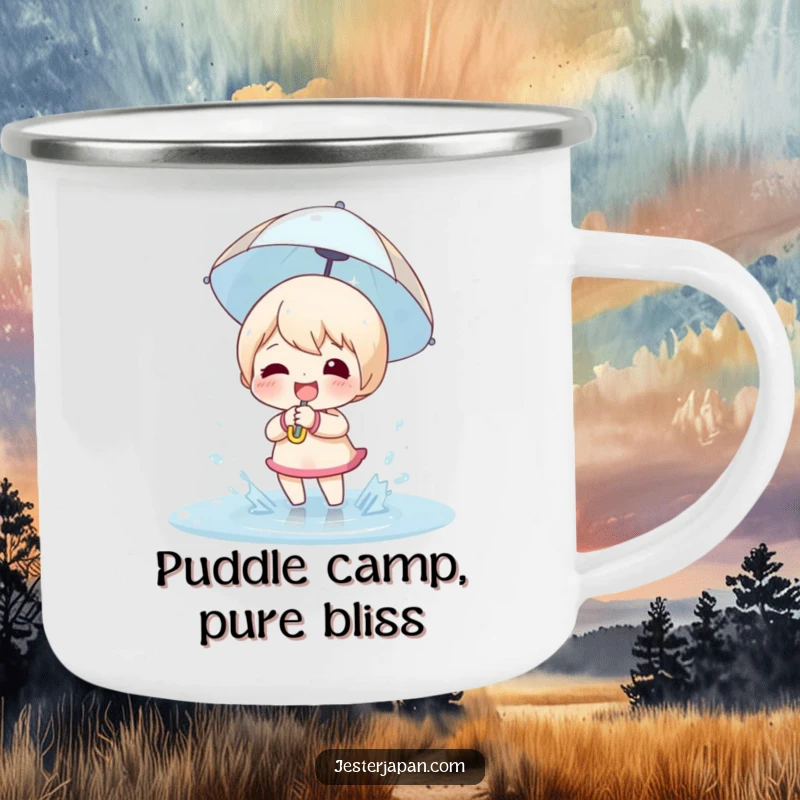 Funny Camping Mug: Happy character with a small umbrella, joyfully splashing in a puddle.
