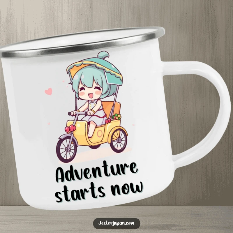 Funny camping mug showing a character joyfully riding a miniature decorated rickshaw, perfect for enjoying drinks on the go.