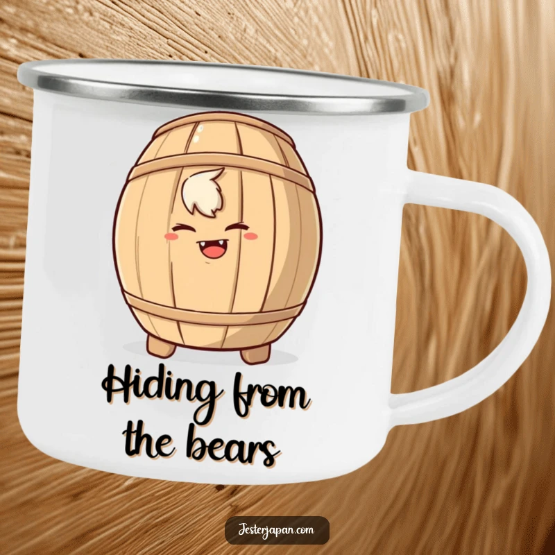 Funny camping mug with a mischievous character hiding behind a sake barrel, perfect for outdoor fun.