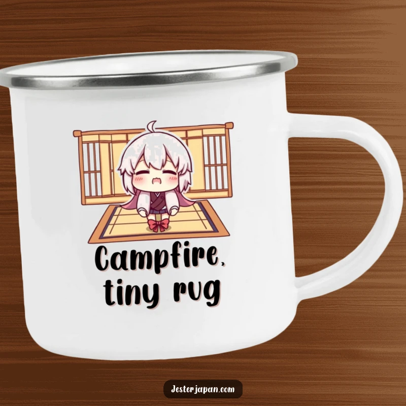 Funny camping mug with a character comically trying to fit onto a tiny Tatami mat, perfect for humorous outdoor moments.