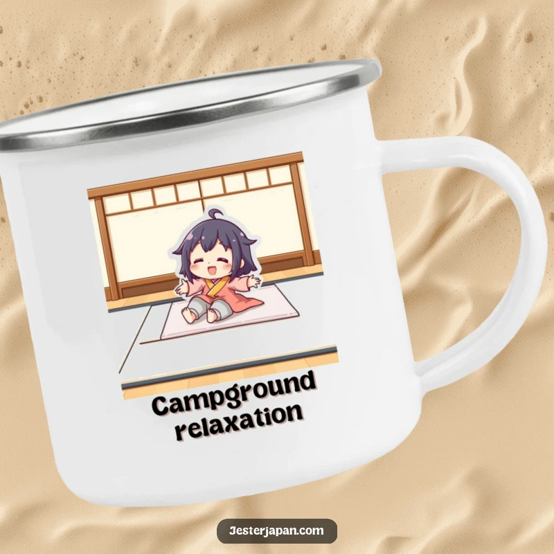 Funny camping mug with a character playfully sliding on a smooth tatami mat. Perfect for enjoying drinks outdoors with a relaxed, humorous vibe.