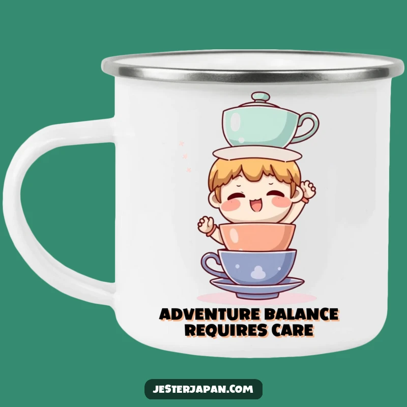 Funny Tea Cup Balance Enamel Camping Mug - Outdoor Humor Gift