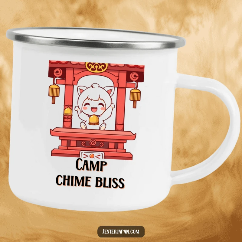 Funny camping mug with a character ringing a tiny temple bell, bringing a peaceful and humorous vibe to outdoor escapades.