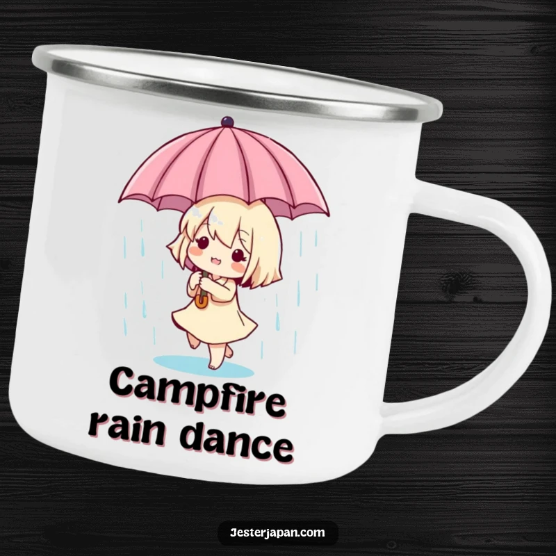 Funny Tiny Dancer Camping Mug: Durable mug with a tiny character dancing in the rain under a miniature umbrella, perfect for outdoor drinks.