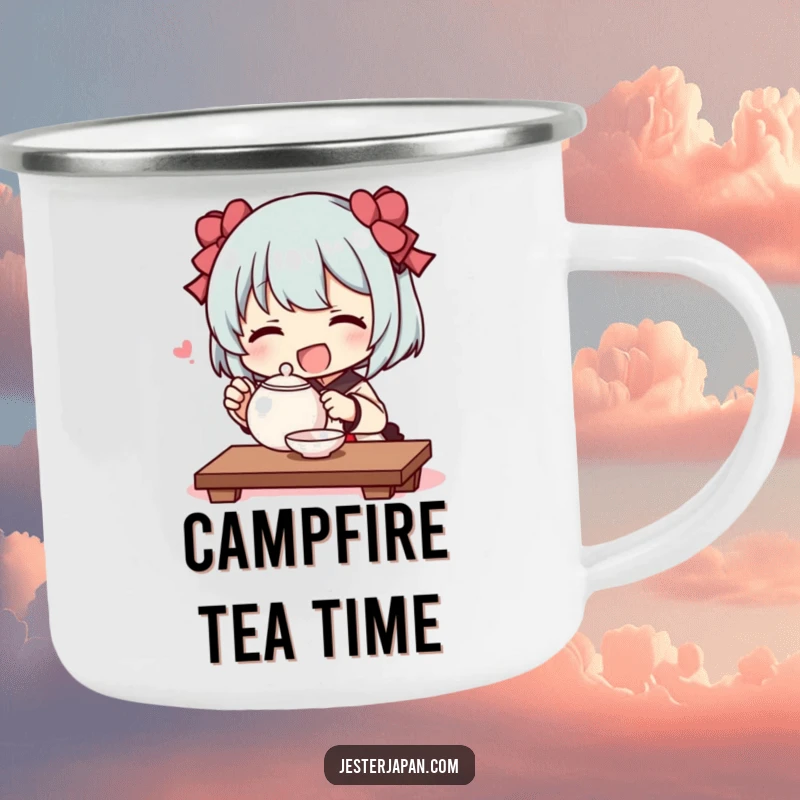 Funny camping mug showing a character joyfully performing a tiny tea ceremony with a small teapot, perfect for peaceful outdoor moments.
