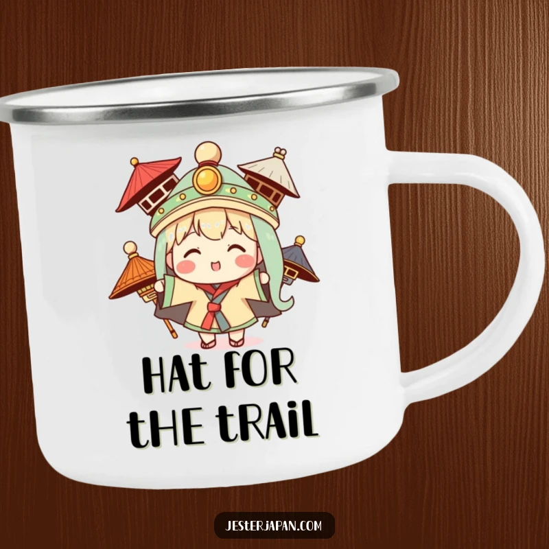 Funny camping mug showing a Kawaii character trying on traditional hats, perfect for outdoor style.