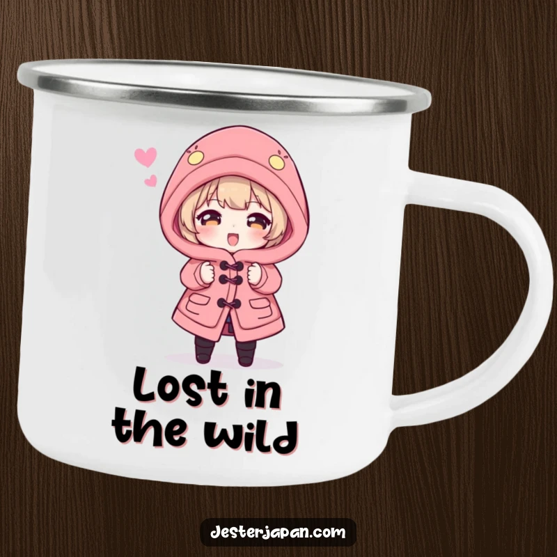 Funny Camping Mug: Character hilariously overwhelmed by a dramatically oversized Happi coat, ready for outdoor adventures and laughs.