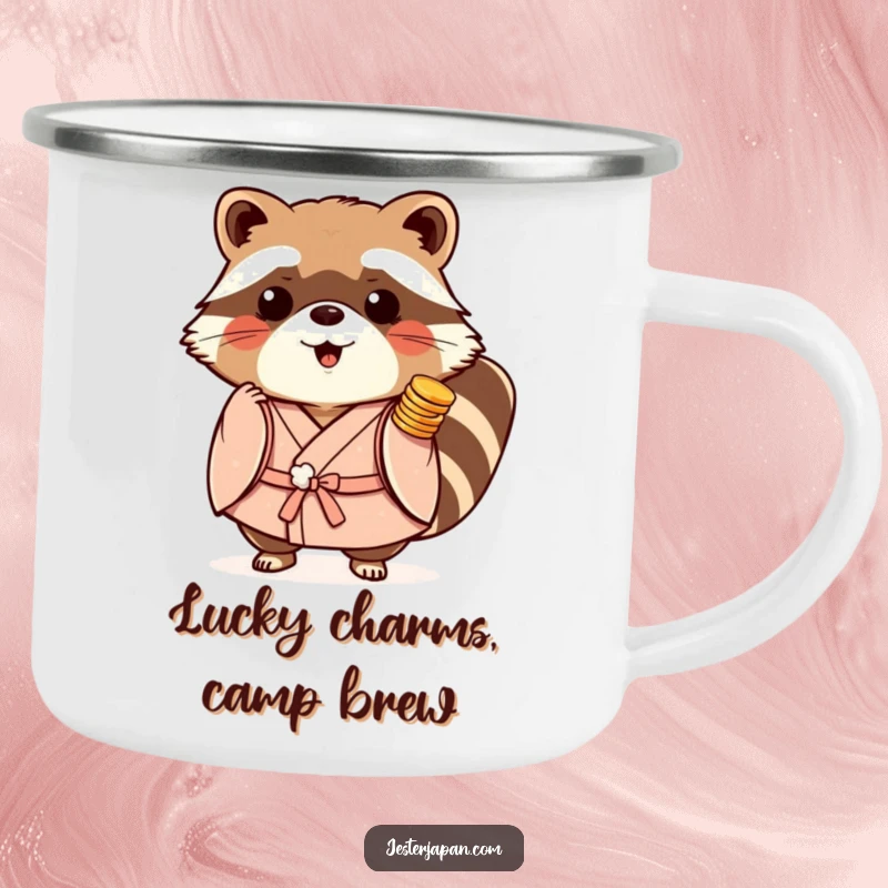 Funny Tanuki Kimono Camping Mug showcasing a playful raccoon dog in a kimono, carrying coins and ready for the outdoors.