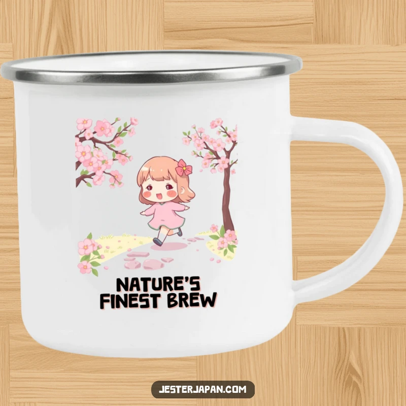 Funny camping mug with a rosy-cheeked character skipping along a cherry blossom path, perfect for outdoor lovers.