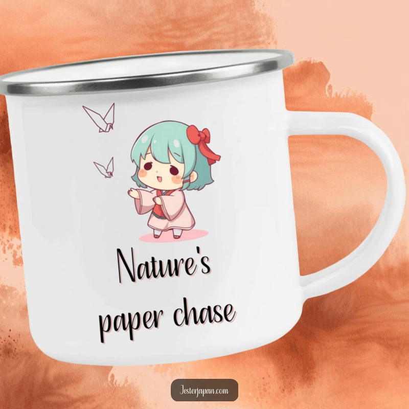 Funny camping mug showing a character playfully tossing a miniature origami crane, perfect for enjoying drinks during creative outings.