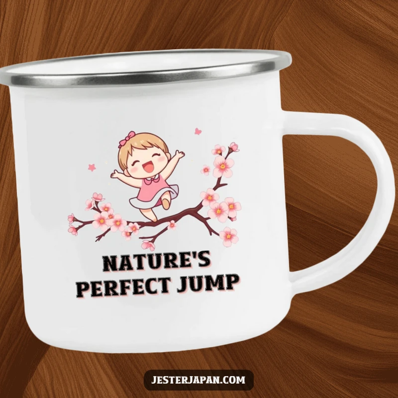 Funny camping mug with a cute character leaping over a stylized cherry blossom branch. Perfect for enjoying drinks outdoors with spring spirit.