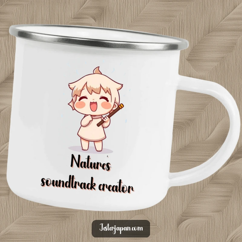 Funny enamel camping mug with a character joyfully shaking a rain stick, creating a whimsical shower, perfect for serene outdoor moments.
