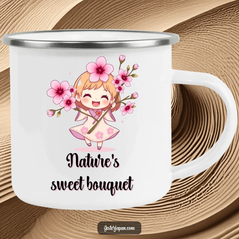 Funny Character Camping Mug: A joyful character holding cherry blossoms in an outdoor setting, celebrating spring.