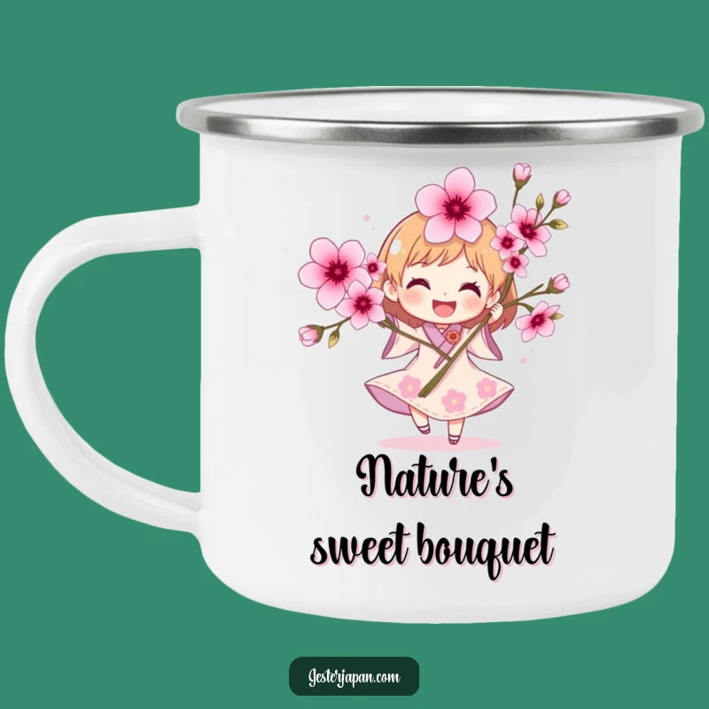 Funny Cherry Blossom Camping Mug: Joyful Spring Character Outdoor Gift