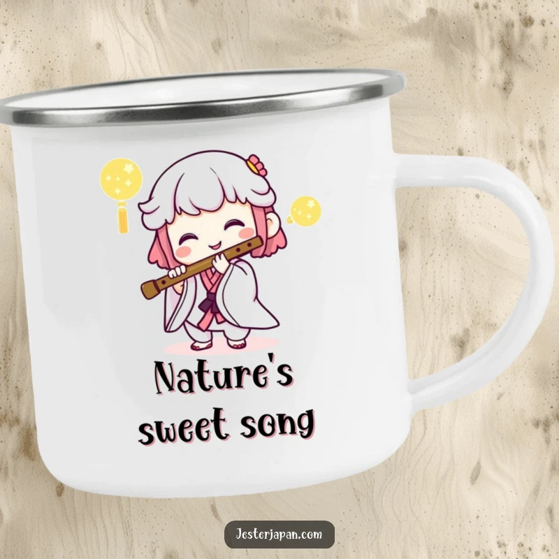 Funny camping mug showing a Kawaii character playing a Japanese flute, perfect for outdoor music enjoyment.
