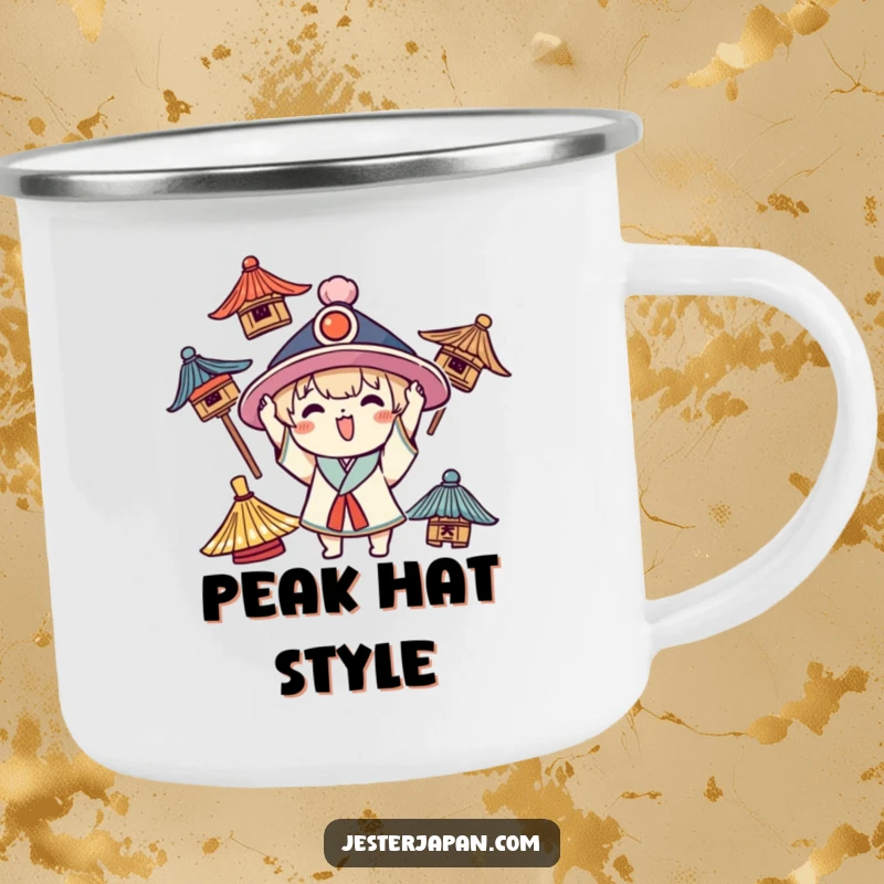 Funny Kawaii camping mug showing a character joyfully trying on different traditional hats, ready for the outdoors.