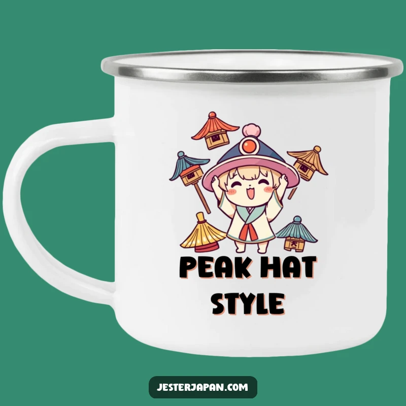 Funny Kawaii Hat Camp Mug: Character Trying on Hats Adventure Gift
