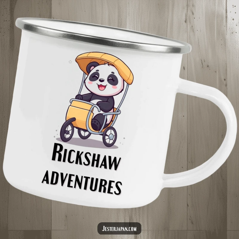 Funny Panda rickshaw camping mug featuring a smiling character riding a miniature rickshaw with glee, built for durable and cheerful outdoor use.