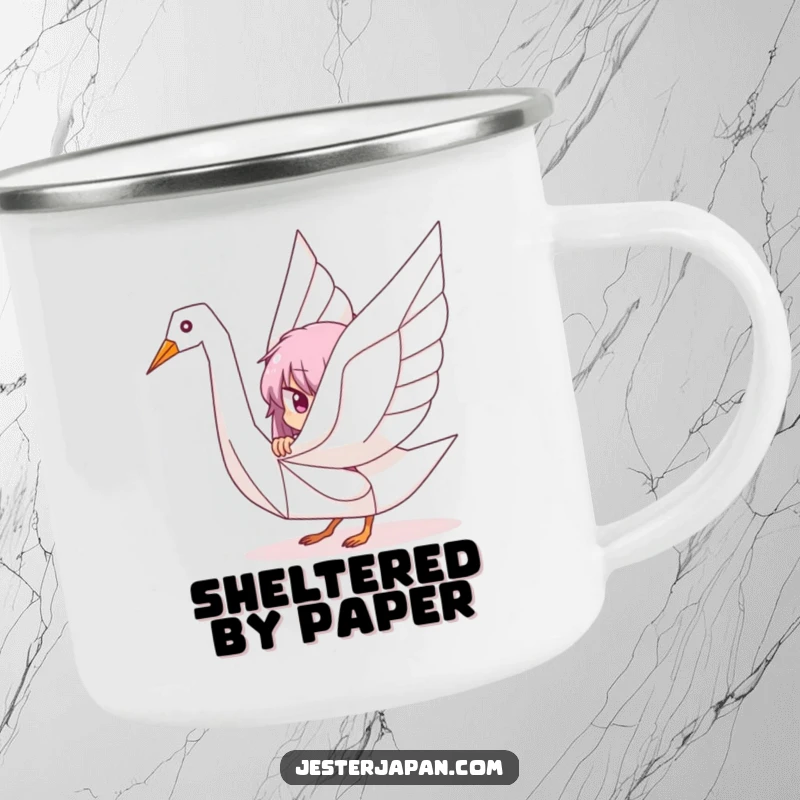 Funny enamel camping mug featuring a character playfully peeking from behind a stylized origami crane, ideal for artistic outdoor moments.
