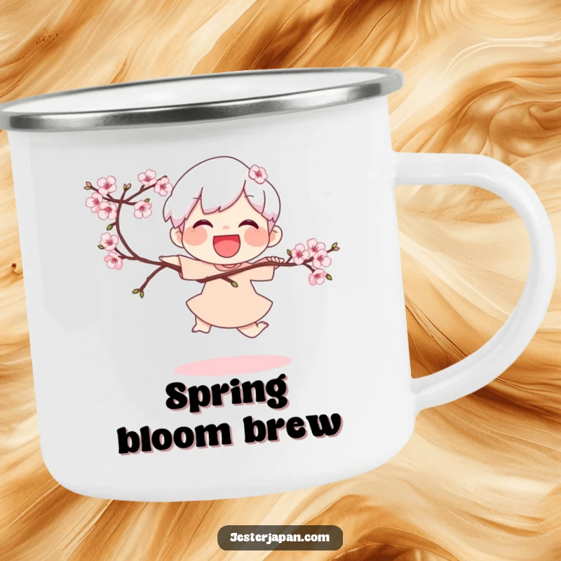 Funny Camping Mug: Joyful character doing a playful hop while holding a blooming cherry branch, perfect for outdoor enjoyment.