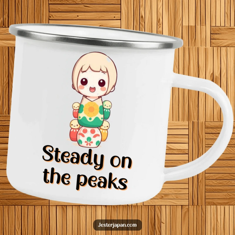 Funny kokeshi doll balancing camping mug, showing a happy character stacking colorful dolls, perfect for outdoors and a funny gift.