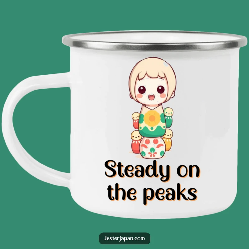 Funny Kokeshi Doll Balancing Camping Mug: Adventure Laughs