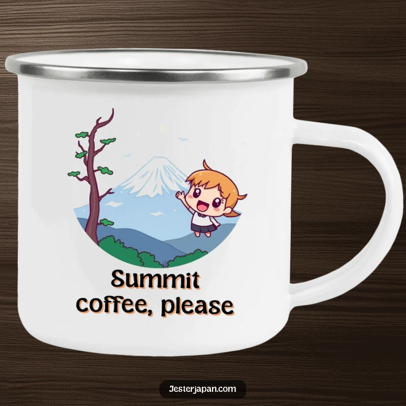 Funny camping mug with a character excitedly pointing towards a stylized Mount Fuji, perfect for outdoor enthusiasts.