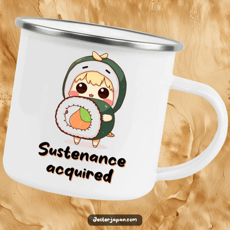 Funny camping mug featuring a cute anime character with a shocked expression holding a giant sushi roll, for outdoor fun.