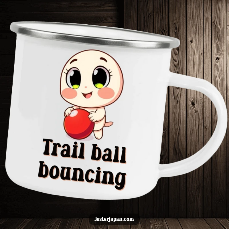 Funny Camping Mug: Smiling character with huge eyes, happily bouncing a red ball, ready for outdoors.