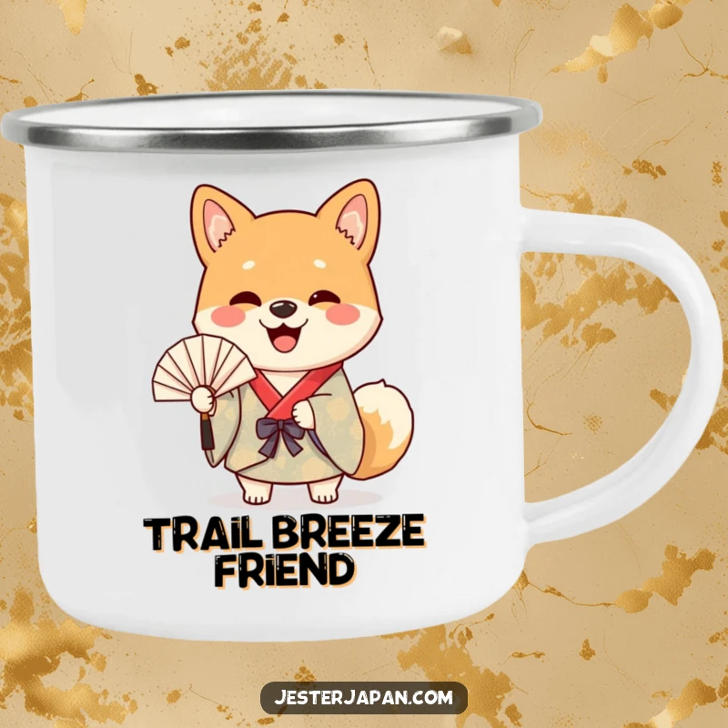 Funny camping mug with a cheerful Shiba dog in a colorful kimono happily waving a paper fan, for happy campers.