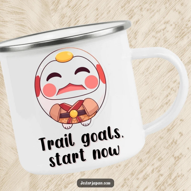 Funny Daruma Kimono Camping Mug showcasing a resolute Daruma doll wearing a small kimono, ready for any outdoor challenge.