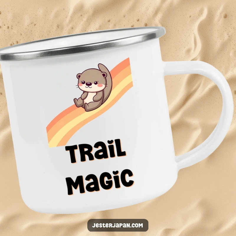 Funny otter character slides down a rainbow on a durable enamel camping mug, ready for campfire coffee and smiles.