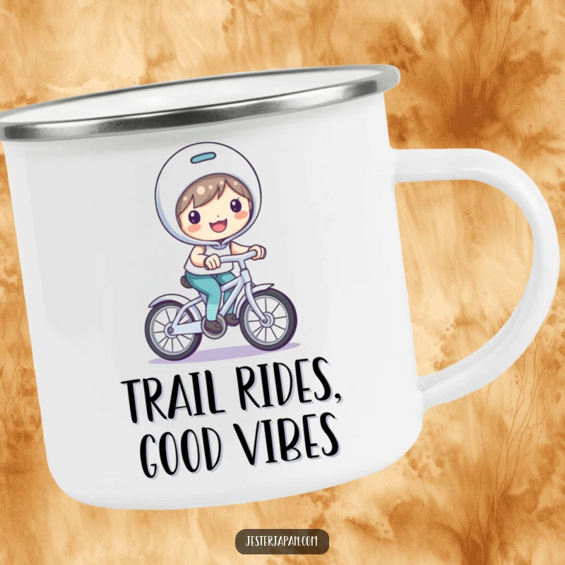 Funny Camping Mug: Character with a bright smile, riding a small, playful bicycle.